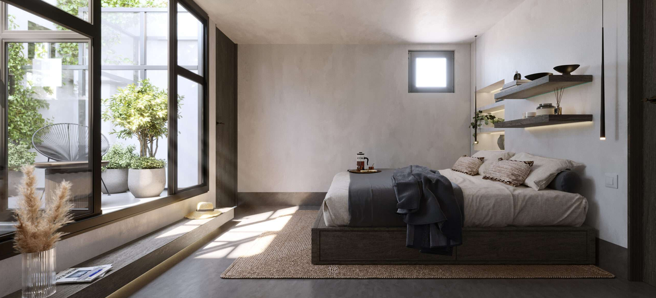 habitación con cama y grande ventana